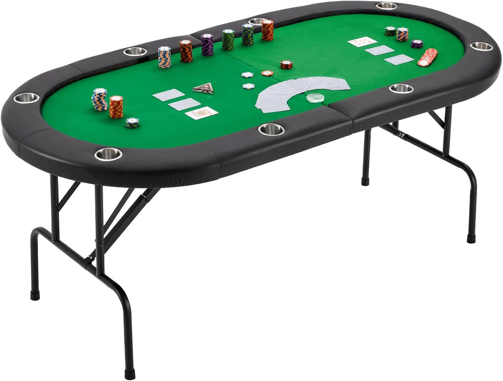 ECOTOUGE Foldable Poker Table, 8-Player Blackjack Texas Holdem Table w/Stainless Cup Holder, Folding Oval Gaming Table with Portable Oxford Bag for Casino Game, No Assembly Required, Green