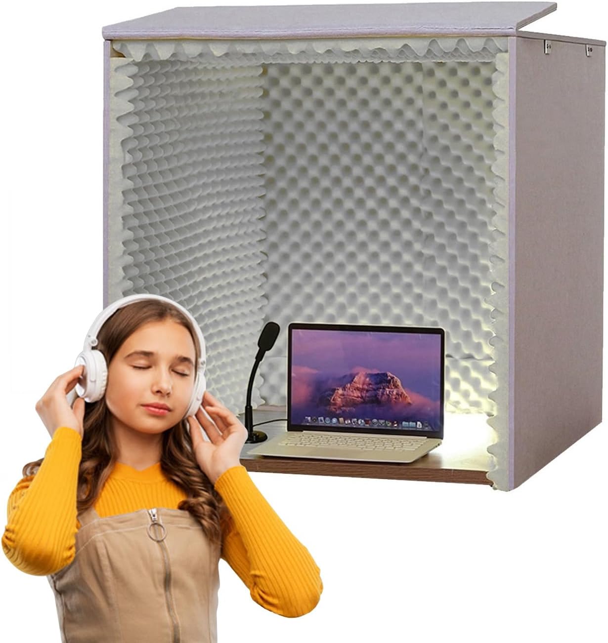 Desktop Soundproof Cover, 80*80*80CM Portable Soundproof Booth Recording Vocal Booth Box Isolation Shield for Microphone Recording Equipment Podcasts Singing Gaming and Broadcasting ( Color : Gray )