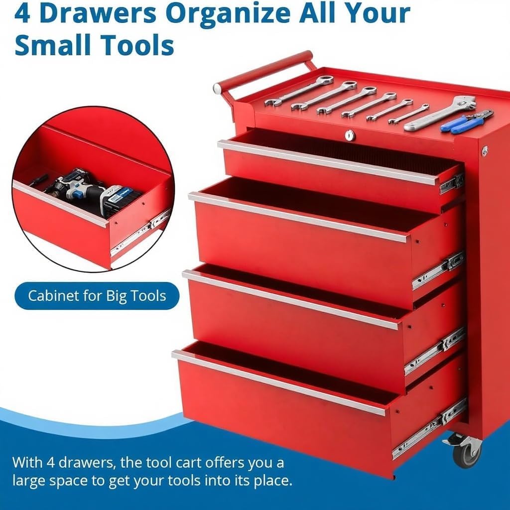 Tool Chest with Wheels, 4 Drawer Rolling Tool Storage Cabinet Cart, Portable Toolbox Organizer with Locking System, Drawer Liners for Garage, Workshop, Shop, Mechanic, Red