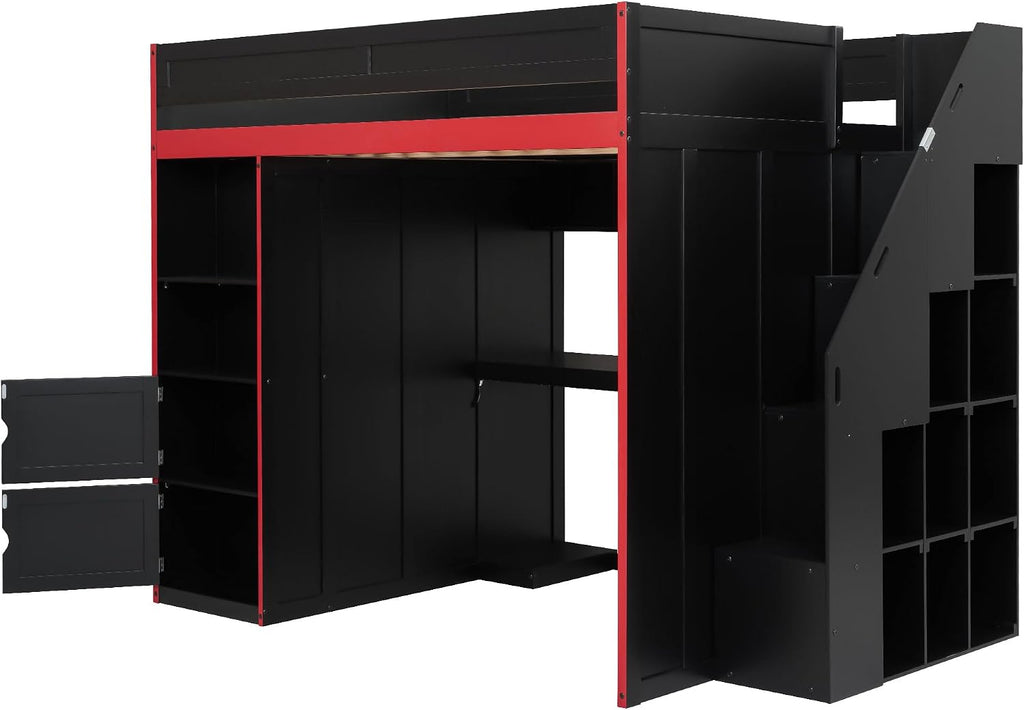 SOFTSEA Full Size Gaming Loft Bed with Desk, Storage Stairs, LED Lights, Bookshelves & Wardrobe, Multifunctional Loft Bed, No Box Spring Needed, Black Red