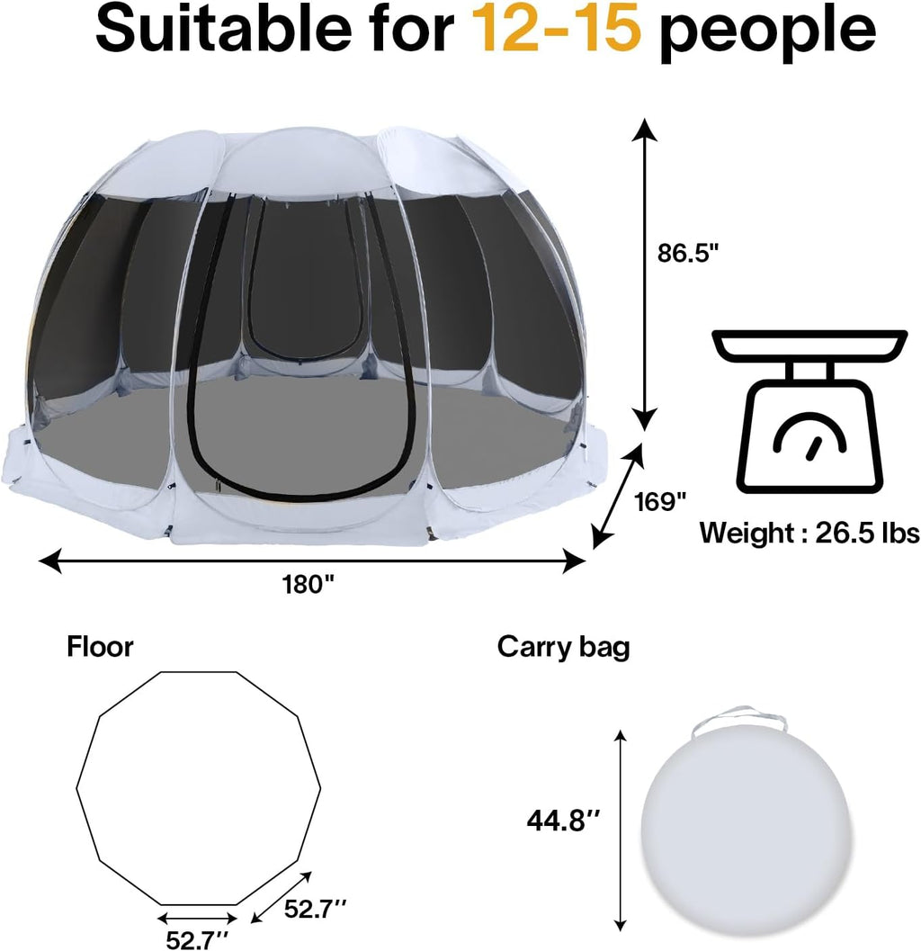 Alvantor 15'x15' Pop Up Screen House Tent, Instant Outdoor Gazebo with Mosquito Netting & UPF 50+ Sun Protection, Portable Canopy Shelter for Patio, Backyard, Camping (12-15 Person),Grey