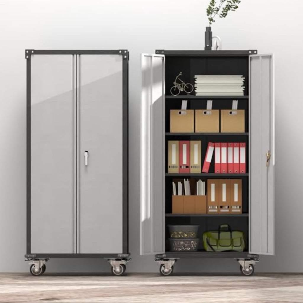 Rolling Garage Storage Cabinet with Locking Door and Shelves, 71''H Lockable Metal Storage Cabinet on Wheels, Steel Tool Cabinet for Warehouse, Basement, Utility Room, Black&Gray