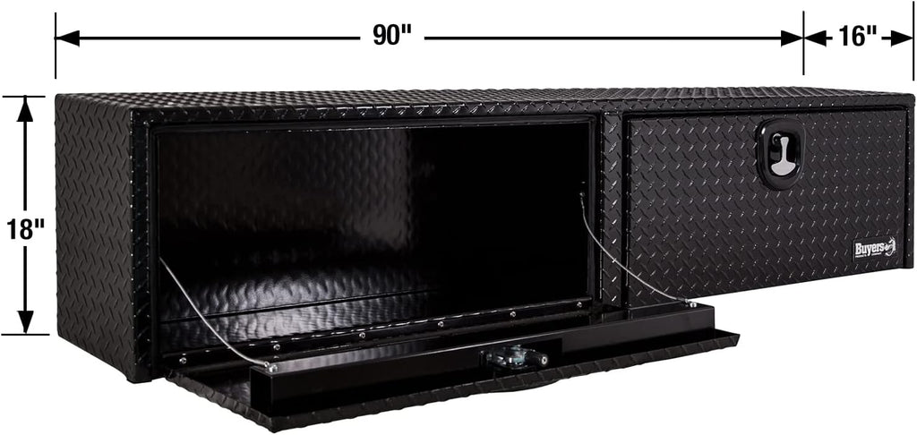 Buyers Products 1721565 Black Aluminum Diamond Tread Topsider Truck Box With Drop Door, 90x18x16 Inch, Weather Resistant, Locking Compression Latch, No Drill Install, Made in USA