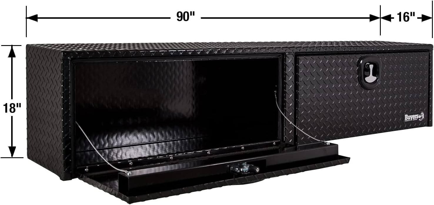 Buyers Products 1721565 Black Aluminum Diamond Tread Topsider Truck Box With Drop Door, 90x18x16 Inch, Weather Resistant, Locking Compression Latch, No Drill Install, Made in USA