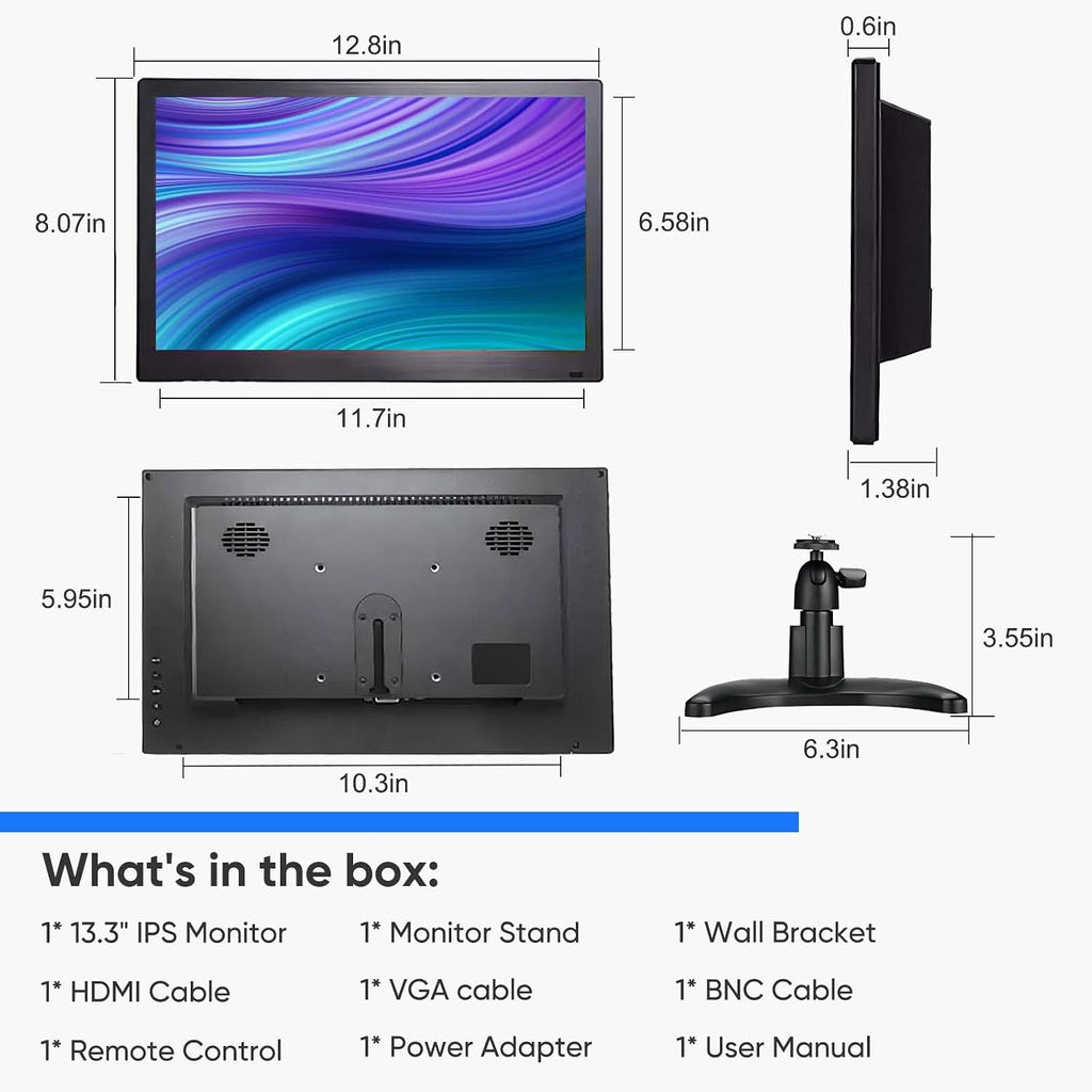 JaiHo 13.3-Inch IPS LED Security Monitor, 1080P Full HD Portable Screen with Metal Housing & Mirror Flip, BNC HDMI VGA AV USB, Small HDMI Monitor with Built-in Speakers for PC Raspberry Pi