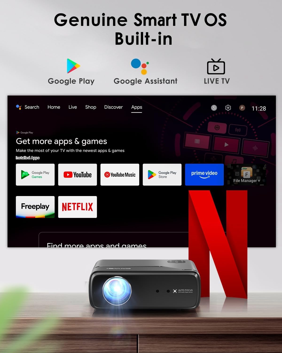4K Decode Home Theater Projector HDMI 2.1, ARC, Google TV OS, Portable Smart Bedroom Movie Gaming Projector 4K HDR, with WiFi 6, Bluetooth, Dolby Audio, Voice Control, Apps, Auto Focus, ZOOM, 1400ANSI