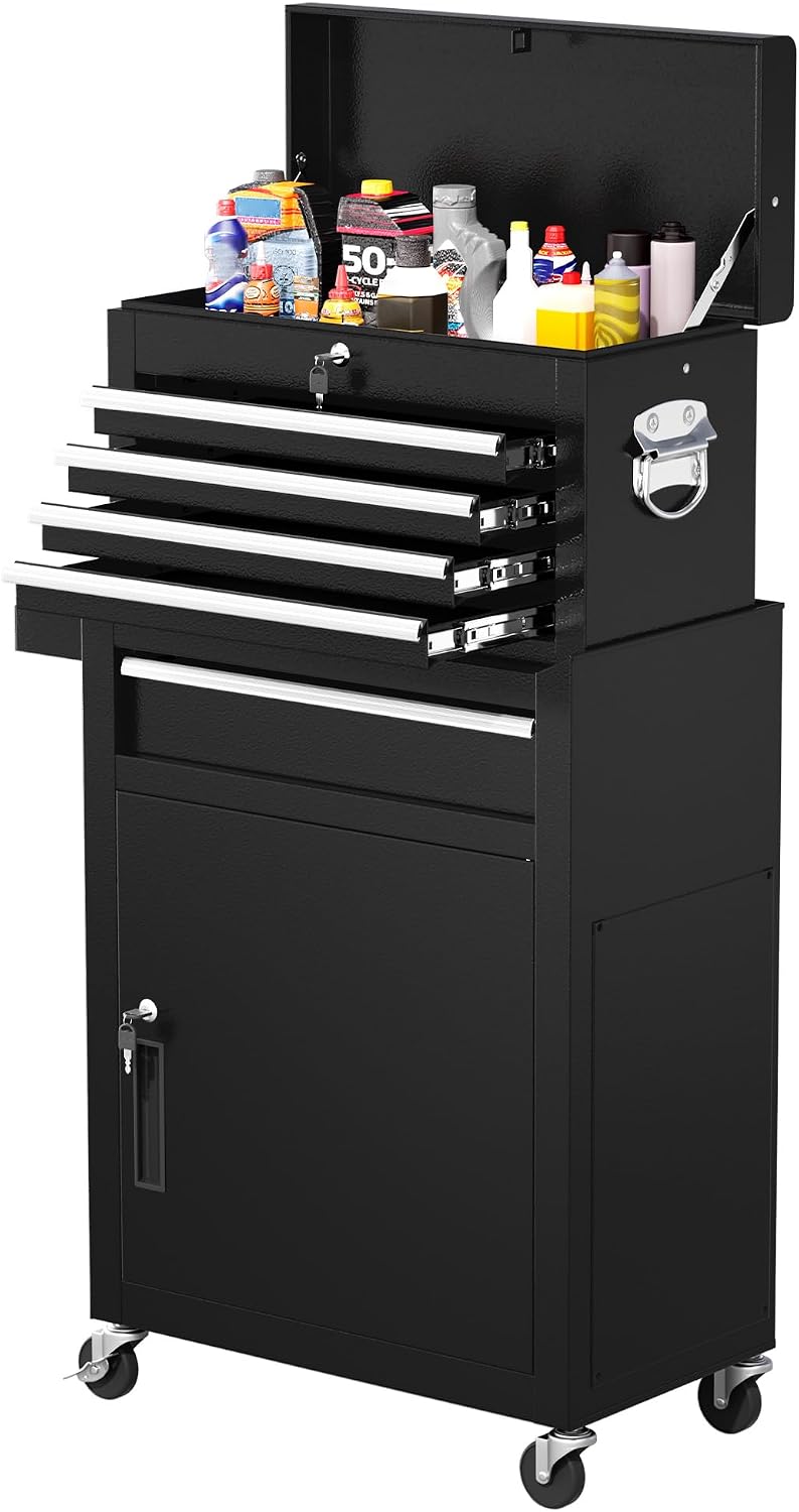 Greenvelly Tool Chest, 5-Drawer Rolling Tool Chest with Hooks and Lockable Wheels, Detachable Top Tool Box, Toolbox with Wheels, Rolling Tool Box for Mechanics Garage Workshop and Tool Room (Black)