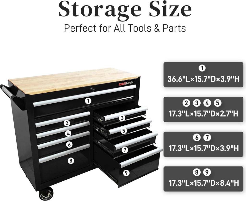 Heavy Duty Rolling Tool Chest with 9-Drawer Wood Top Tool Cart Mechanic Tool Box with Wheels Tool Storage Cabinet Mobile Workbench Tool Bench for Garage, Warehouse, Workshop, Repair Shop (Black)