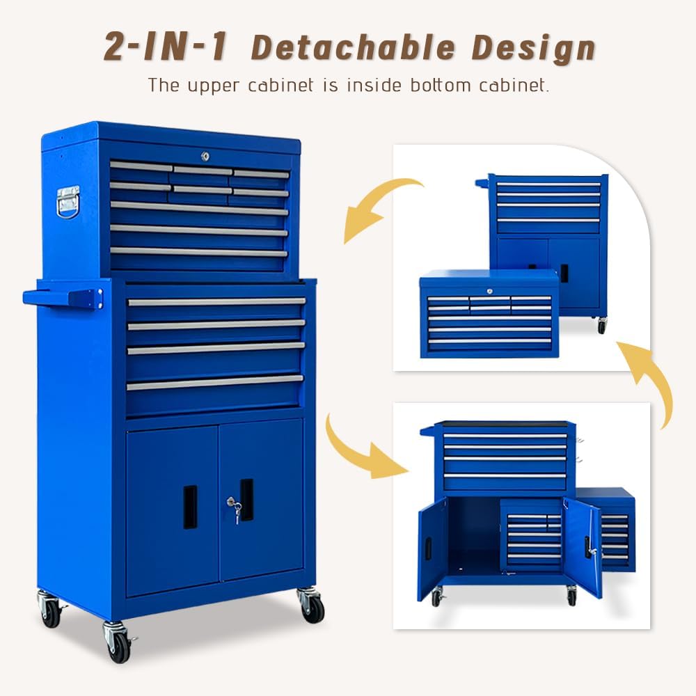 13-Drawer Double Doors Handle Rolling Tool Chest, 2 in 1 Detachable Rolling Tool Chests, Large Tool Boxes with Lock, Metal Standing Tool Cabinet for Garage Workshop(Blue)