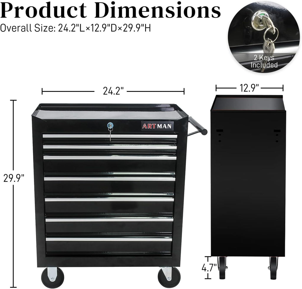 Rolling Tool Chest with 7-Drawer Tool Box with Wheels Multifunctional Tool Cart Mechanic Tool Storage Cabinet for Garage, Warehouse, Workshop, Repair Shop (Black)
