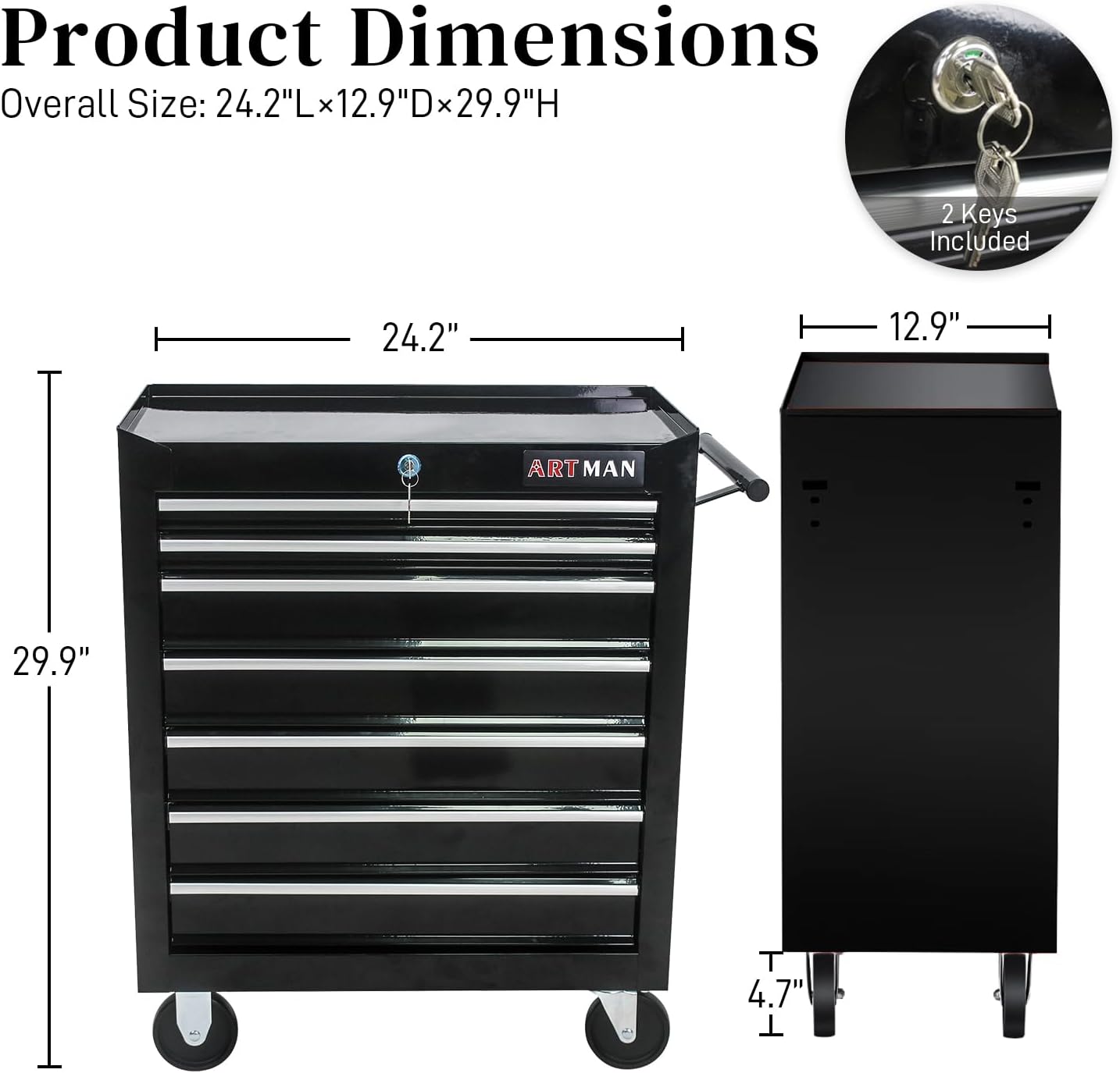 Rolling Tool Chest with 7-Drawer Tool Box with Wheels Multifunctional Tool Cart Mechanic Tool Storage Cabinet for Garage, Warehouse, Workshop, Repair Shop (Black)