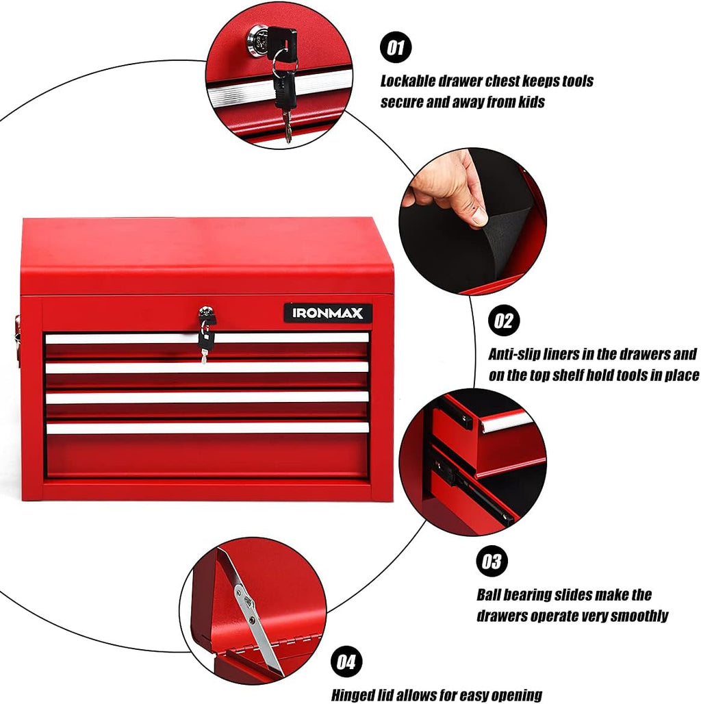 IRONMAX 6-Drawer Tool Cabinet on Wheels, Lockable 3 in 1 Heavy Duty Toolbox Organizer w/ 4 Universal Wheels & Hooks, Detachable Metal Tool Chest for Garage, Warehouse, Repair Shop (Red)