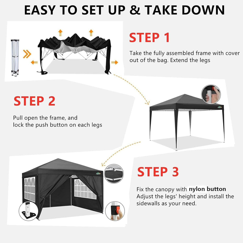 COBIZI 10x10 Pop up Canopy Tent Protable Canopy Tent with 4 Sidewalls Waterproof Commercial Instant Shelter for Parties, Wedding, Courtyard with Carry Bag(10x10FT with 4 Sides, Black)