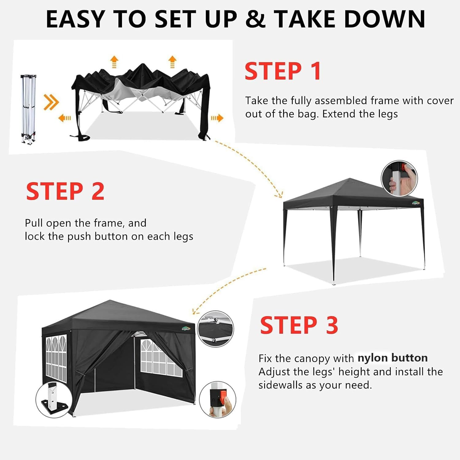 COBIZI 10x10 Pop up Canopy Tent Protable Canopy Tent with 4 Sidewalls Waterproof Commercial Instant Shelter for Parties, Wedding, Courtyard with Carry Bag(10x10FT with 4 Sides, Black)