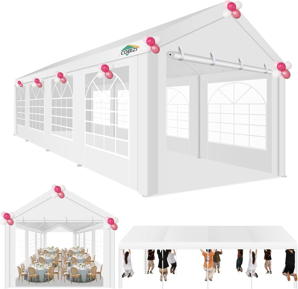 COBIZI 10x30FT Party Tent Heavy Duty Event Shelter Outdoor Wedding Gazebo Canopy for Parties Carport BBQ Commercial with Removable Sidewall Windows, Powder Coating (Better Than Galvanized),White