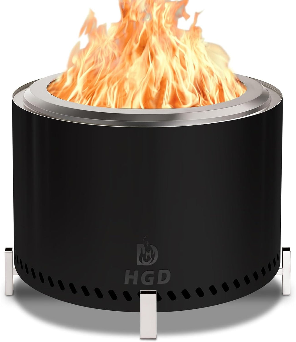 HGD 19.5' Smokeless Firepit with Stand, Stainless Steel Wood Burning Fire Pit for Friends & Family Gatherings, Secondary Combustion Outdoor Patio Stove for Garden BBQ & Bonfire (Black)