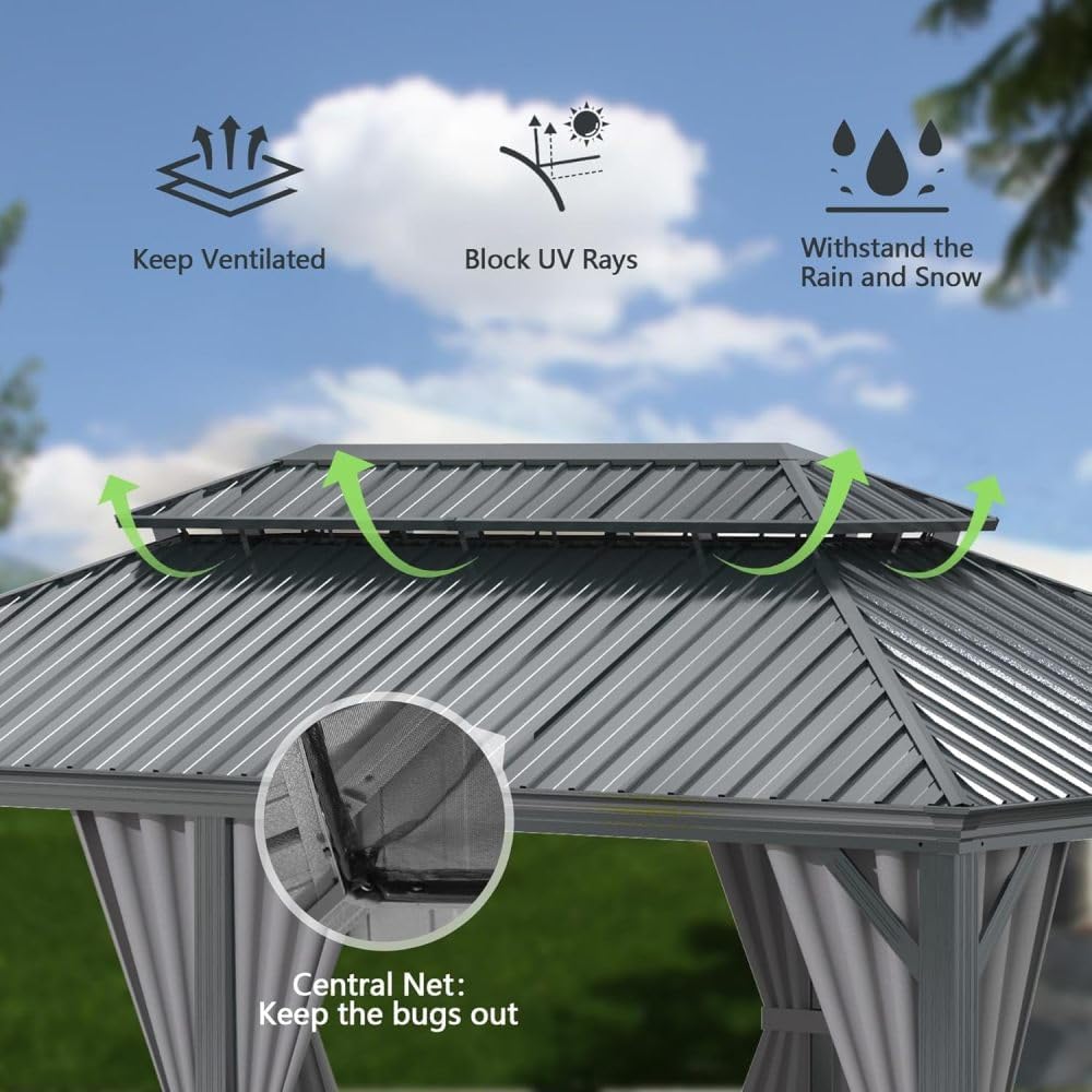 11x13FT Hardtop Gazebo with Double Roof & Netting, Galvanized Steel Outdoor Metal Gazebo Water Resistant, Includes Privacy Curtains, Patio Pergola for Deck Backyard, Modern Gray