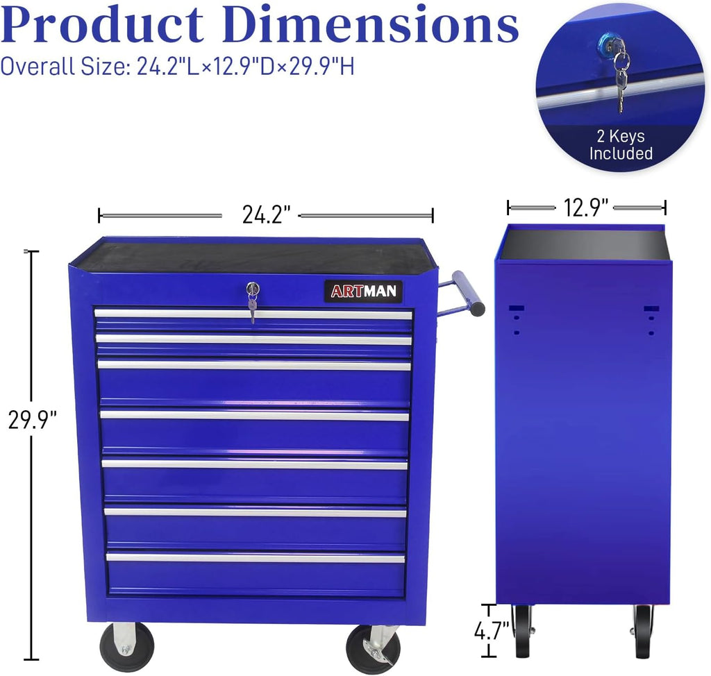 Rolling Tool Chest with 7-Drawer Tool Box with Wheels Multifunctional Tool Cart Mechanic Tool Storage Cabinet for Garage, Warehouse, Workshop, Repair Shop (Blue)