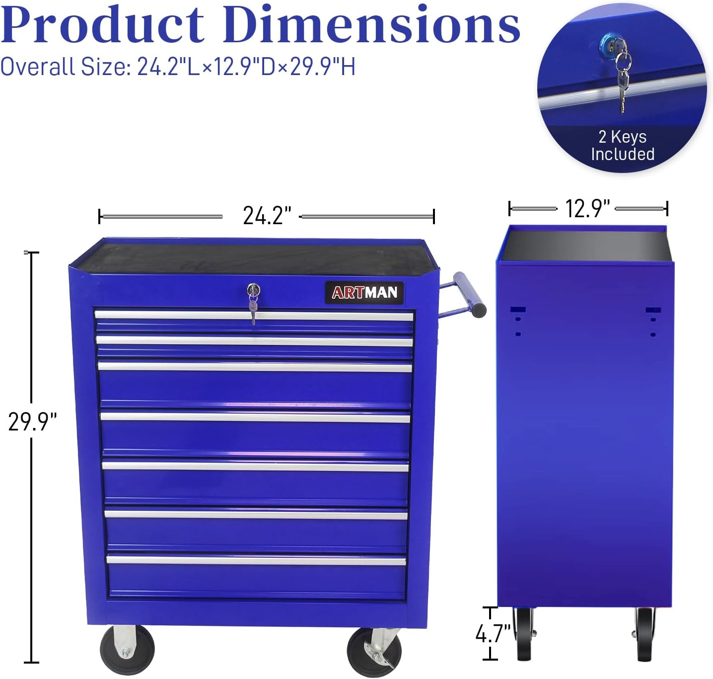 Rolling Tool Chest with 7-Drawer Tool Box with Wheels Multifunctional Tool Cart Mechanic Tool Storage Cabinet for Garage, Warehouse, Workshop, Repair Shop (Blue)