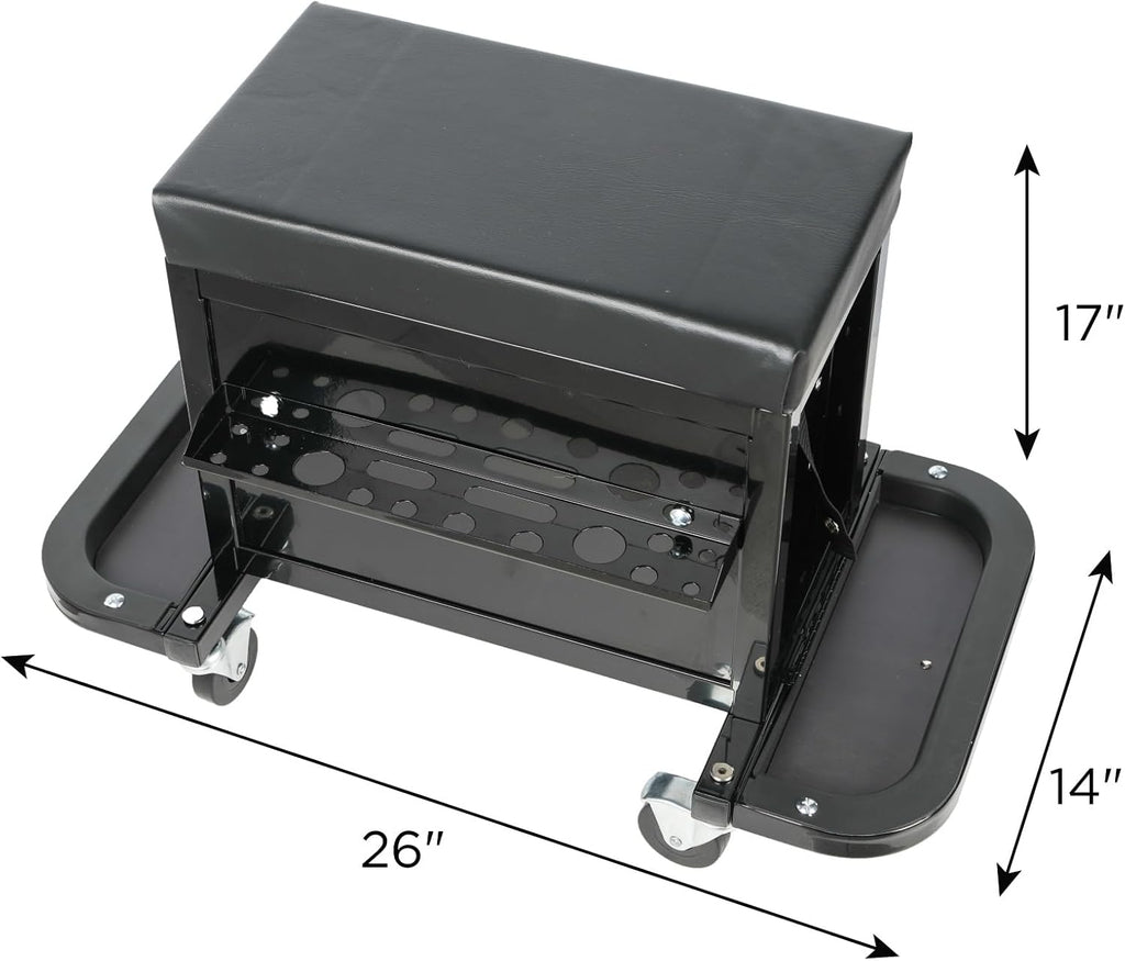 Tool Chest, 3-Drawers Rolling Tool Box with Screworivers Supports & 2 Foldable Side Trays, Rolling Mechanic Seat with Seat Cushion for Warehouse, Workshop, Capacity 350lbs, Black