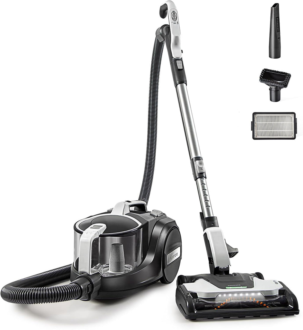 Kenmore DC5070 500 Series Bagless Canister Vacuum with Hair Eliminator Brushroll，2-Motor Cyclonic Technology, HEPA Filtration & 24' Auto Cord Rewind for Pet, Carpets, Hard Floors, Stairs, White