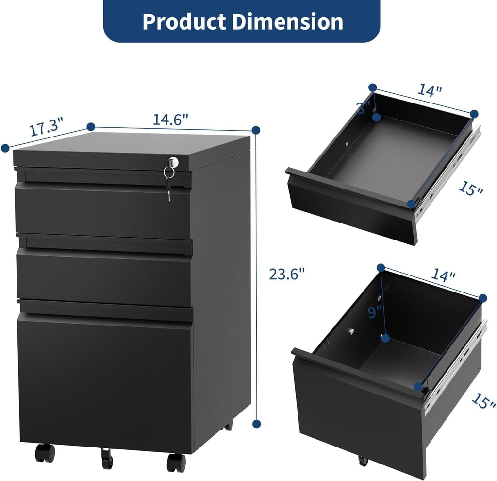 GAOMON 3-Drawer Mobile File Cabinet with Lock, Metal Filing Cabinet on Wheels, Fits Letter/Legal/A4 Files, Space-Saving Under Desk Office Storage Organizer for Home Office, Easy Assembly, Black