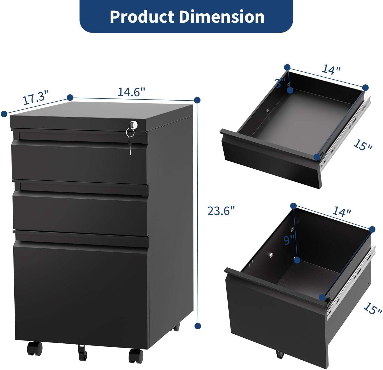 GAOMON 3-Drawer Mobile File Cabinet with Lock, Metal Filing Cabinet on Wheels, Fits Letter/Legal/A4 Files, Space-Saving Under Desk Office Storage Organizer for Home Office, Easy Assembly, Black