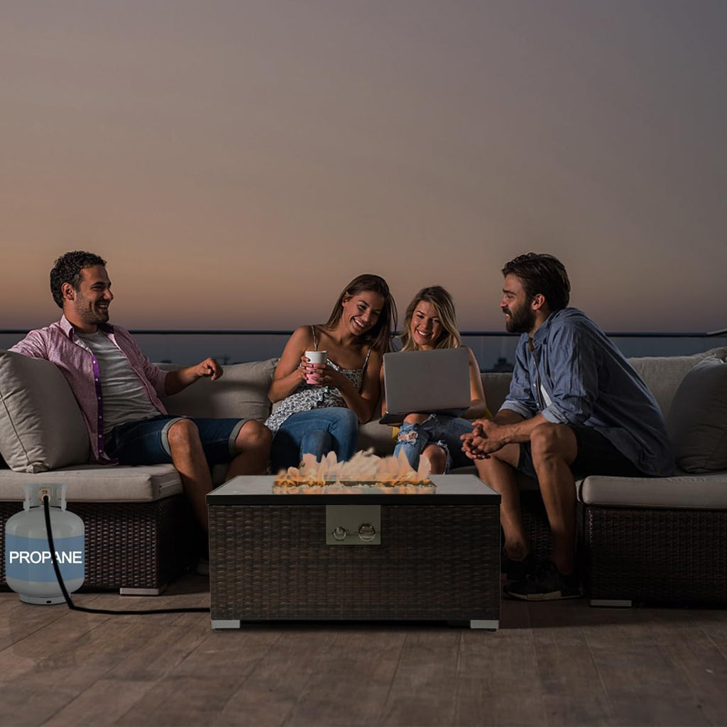 32'' Fire Pit Table with Natural Gas Conversion Kit, Marble Textured Ceramic Tabletop, 50,000 BTU Fire Table with Brown Wicker, Rectangle, Tank Required to Be Kept Outside.