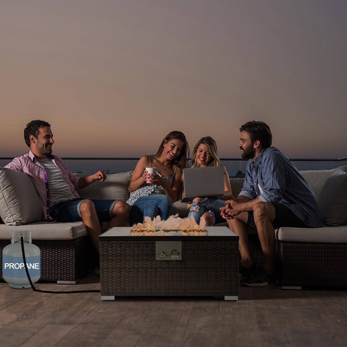 32'' Fire Pit Table with Natural Gas Conversion Kit, Marble Textured Ceramic Tabletop, 50,000 BTU Fire Table with Brown Wicker, Rectangle, Tank Required to Be Kept Outside.