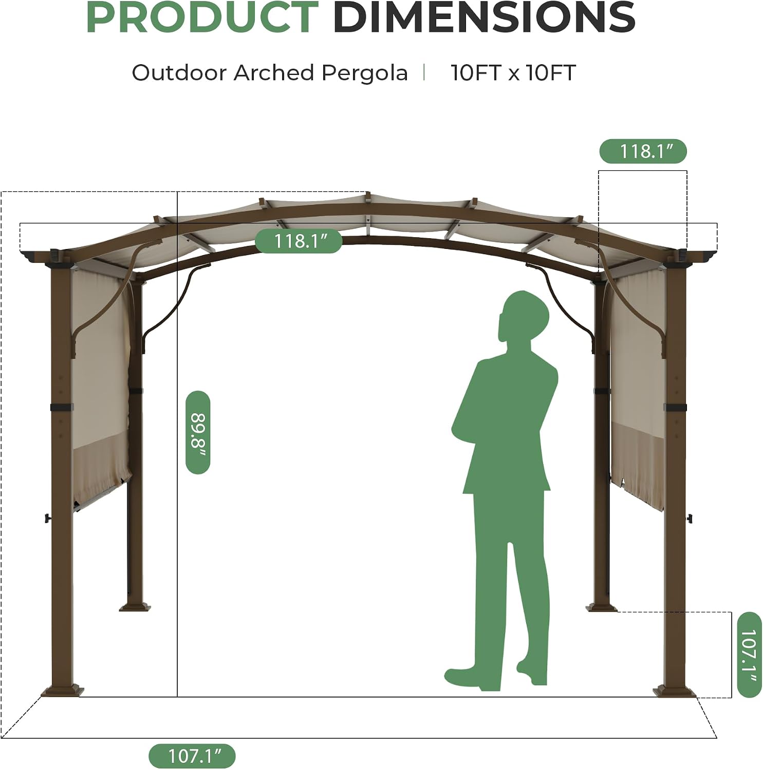 10' x10' Arched Outdoor Pergola for Deck, Outdoor Retractable Pergola with Canopy and Hardware, Small Aluminum Frame with Canopy Fixed in Various Positions (Brown)
