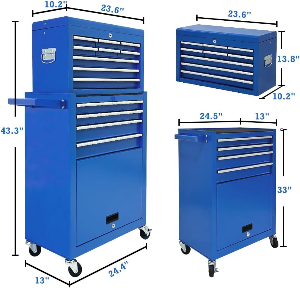 13 Drawers Tool Chest with Wheels,Large Capacity Tool Storage Cabinet with Removable Top Toolbox, Locking Mechanical Tool Cart with Liner,Suitable for Garages, Warehouses-Blue