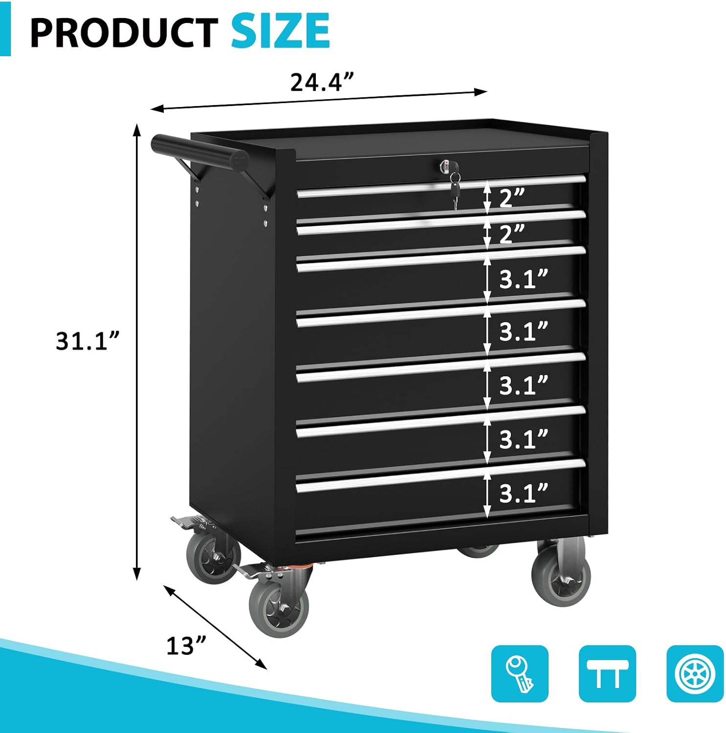 7 Drawers Metal Rolling Tool Chest, Portable Storage Tool Box with Wheels, Toolbox on Wheels for Warehouse, Garage, Repair Shop and Tool Room