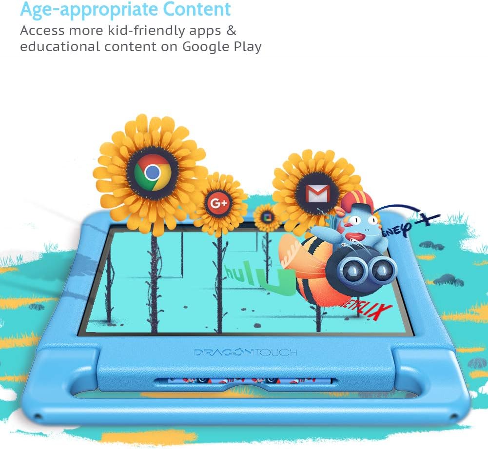 Dragon Touch Kids Tablet 10 inch IPS HD Display Android Tablets with 32GB Storage, 2GB RAM, Quad Core Processor, KIDOZ Pre-Installed, Kid-Proof Case, Shoulder Strap and Stylus, WiFi Only – Blue