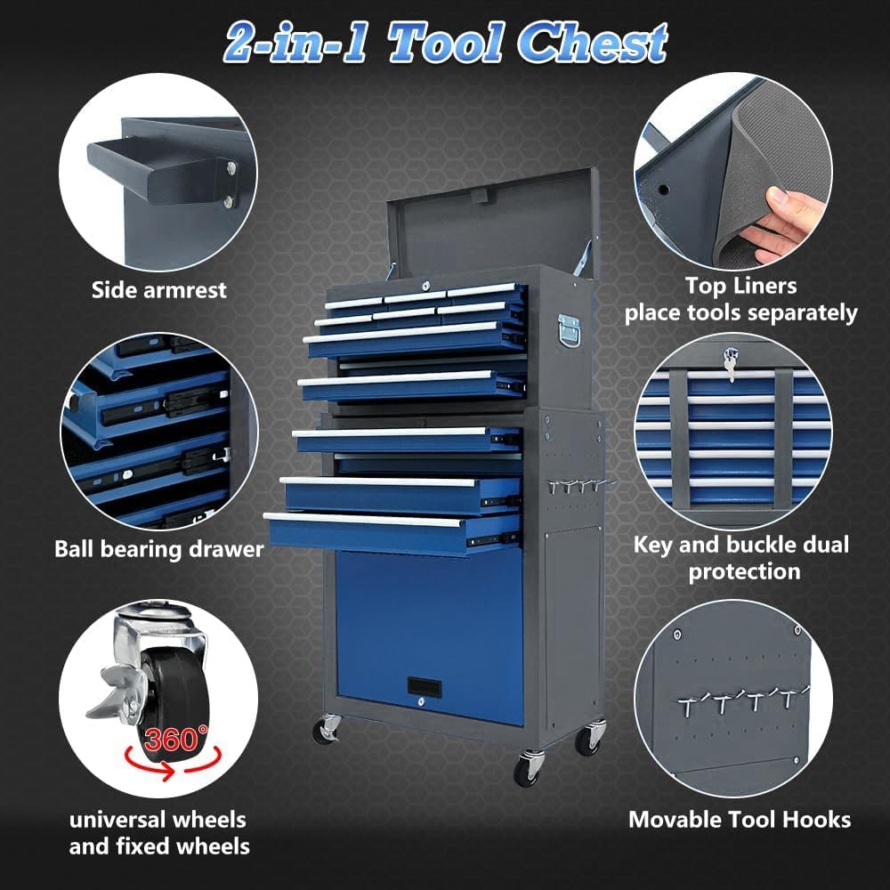 13-Drawer Tool Chest, Rolling Tool Box with Wheels, Tool Cabinets with Drawers, Top Detachable Toolbox with Hooks Handles for Workshop Mechanical Garage (Blue & Grey)