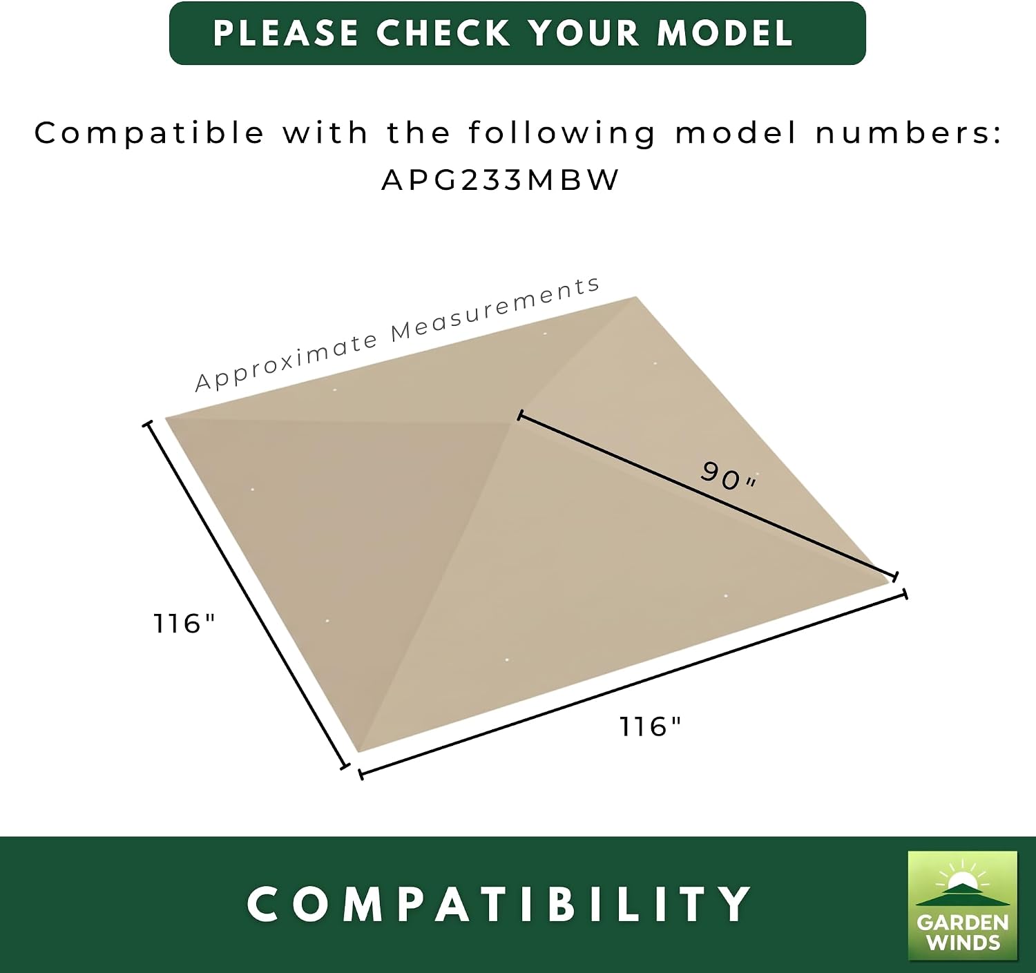 Garden Winds Heavy Duty Reinforced Replacement Canopy Top Cover Compatible with The APG233MBW ABBA Patio 10' x 10' Gazebo - Classic Sand, Riplock 500