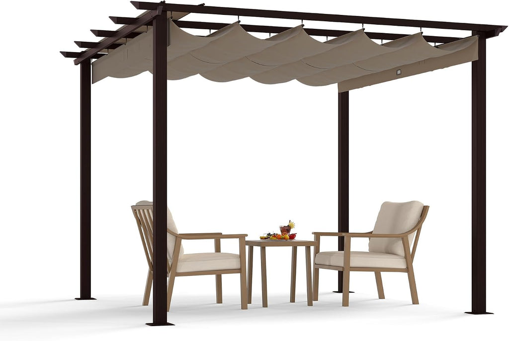 HAPPATIO 10' X 10' Retractable Pergola with Sun Shade Canopy, Patio Aluminum Frame Shelter for Backyards, Gardens, Porch, Includes Ground Studs and Expansion Screws (Brown)
