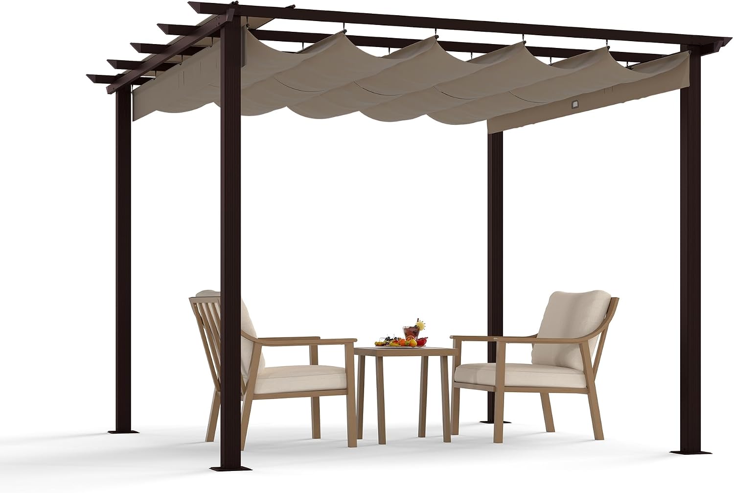 HAPPATIO 10' X 10' Retractable Pergola with Sun Shade Canopy, Patio Aluminum Frame Shelter for Backyards, Gardens, Porch, Includes Ground Studs and Expansion Screws (Brown)