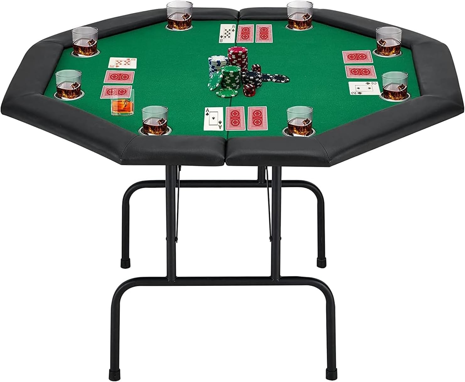 ECOTOUGE Poker Table Foldable, Casino Leisure Texas Holdem Game Table w/Metal Legs & Stainless Steel Cup Holders, 8 Players Octagon GamingTable for Blackjack, Club, Family Games, Green