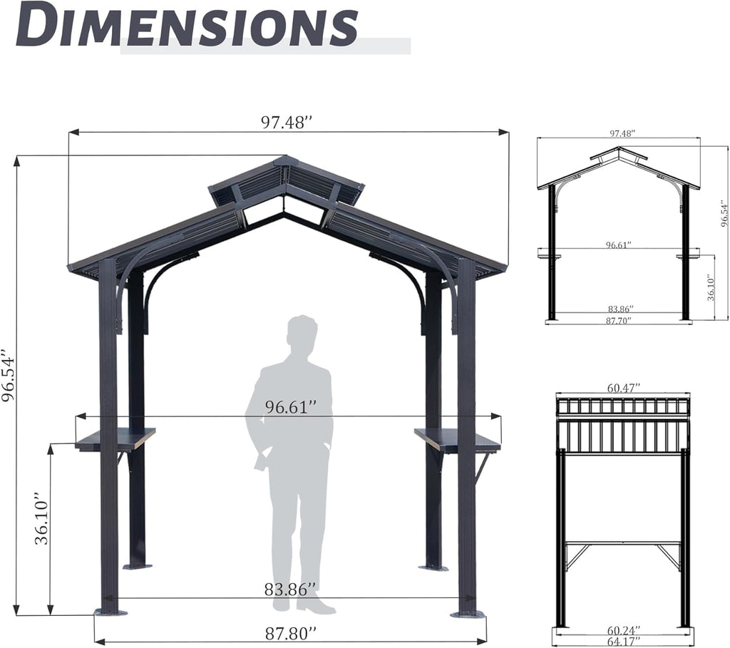 【LuckyNote】8×5FT Hardtop Grill Gazebo, Outdoor BBQ Gazebo w/Galvanized Steel Double Roof, Permanent Sun Shade Grill Canopy Shelter with 2 Side Shelves and Ceiling Hook for Patio Deck,2 parcels (Grey)