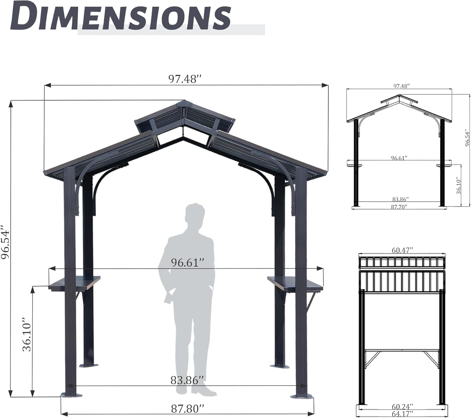 【LuckyNote】8×5FT Hardtop Grill Gazebo, Outdoor BBQ Gazebo w/Galvanized Steel Double Roof, Permanent Sun Shade Grill Canopy Shelter with 2 Side Shelves and Ceiling Hook for Patio Deck,2 parcels (Grey)