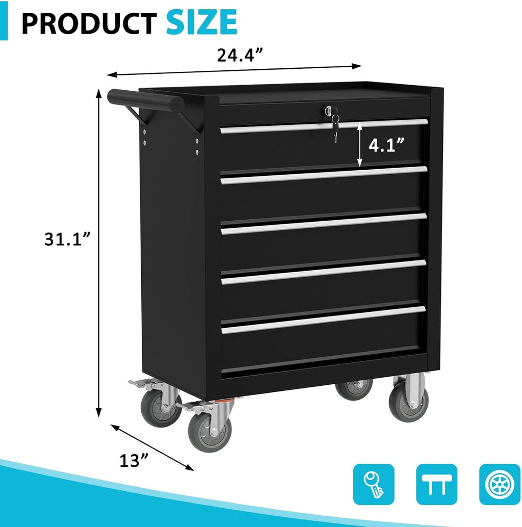 5 Drawers Metal Rolling Tool Chest, Portable Storage Tool Box with Wheels, Toolbox with Lock for Warehouse, Garage, Repair Shop and Tool Room