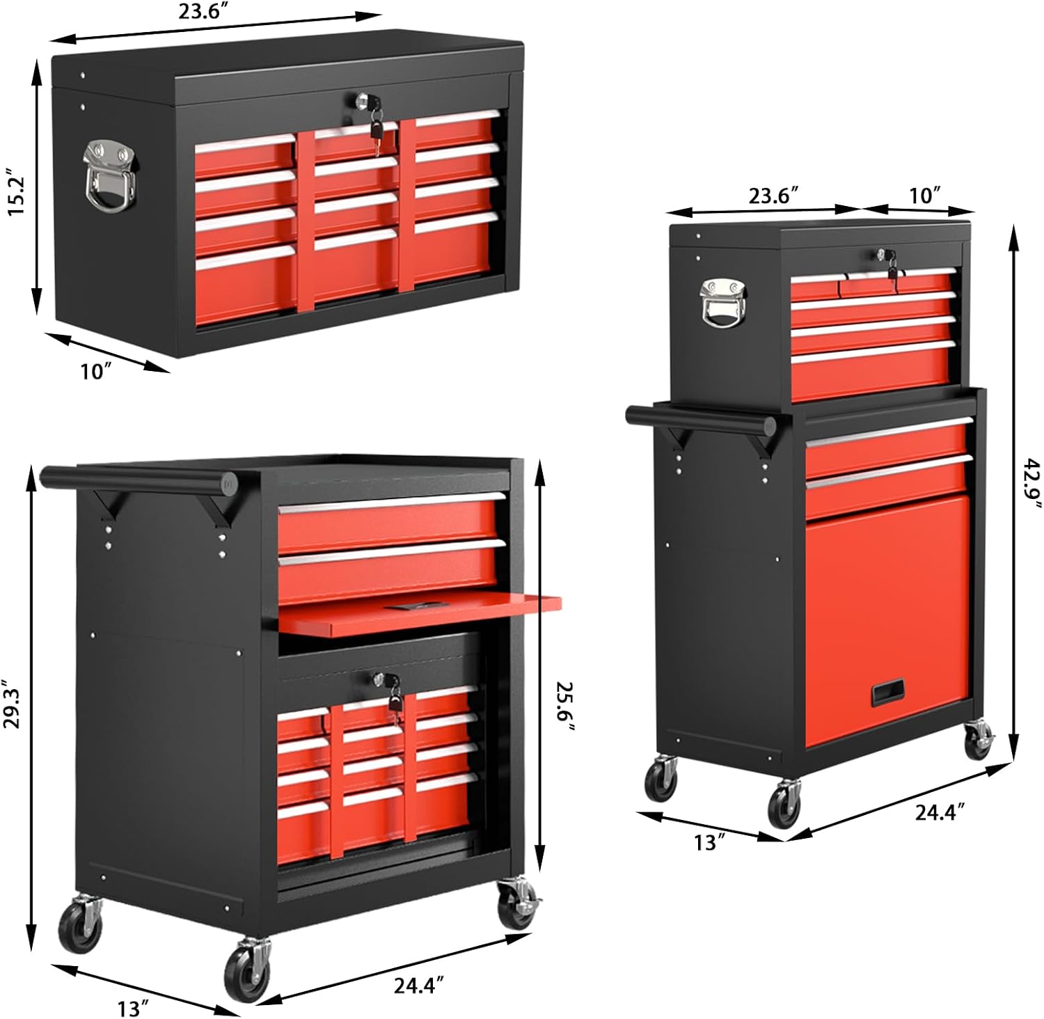 8-Drawer Rolling Tool Chest Tool Box,Removable Tool Storage Cabinet with 4 Wheels and Drawers,2 in 1 Portable Toolbox Organizer, Tool Chest with Lockable Drawer Gifts for Men (BlackRed)