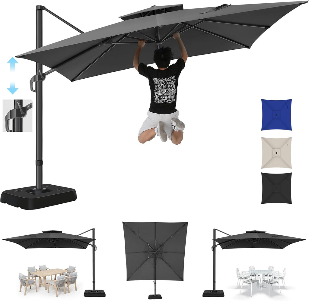 Hoteel 10ft Patio Umbrella Heavy Duty Aluminum Windproof & Shade Provision Outdoor Cantilever Double Top Offset Large Umbrella Height Adjustable with 360°Rotation for Patio Pool Deck Gazebo, Gray