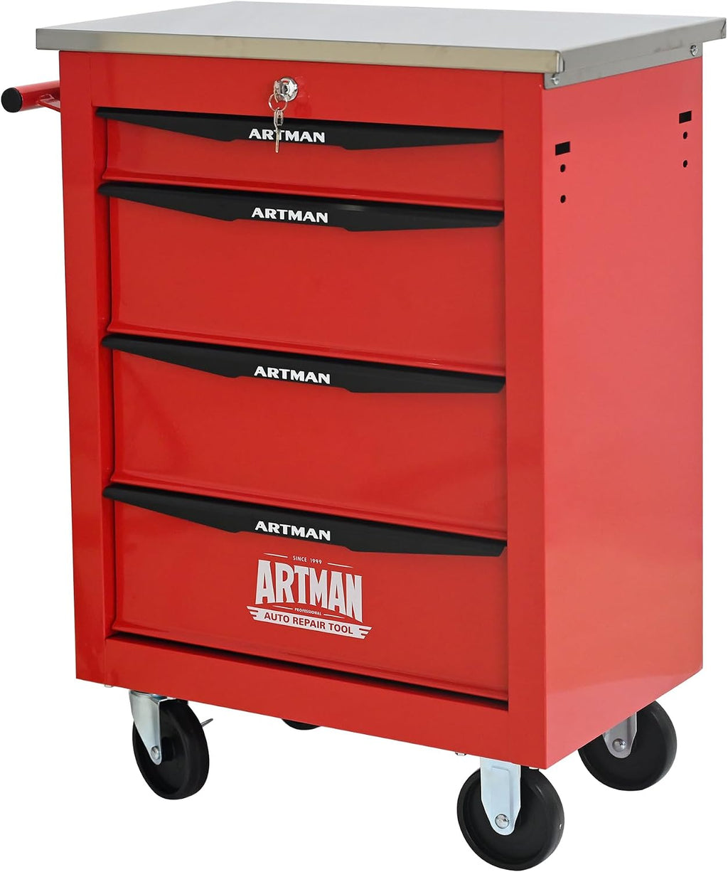 4 Drawers Rolling Tool Box on Wheels, Stainless Steel Countertop Tool Chest Cabinet with Lock, Drawers Rolling Tool Cart Trolley Organizer Tool Case for Garage,Warehouse (Red)