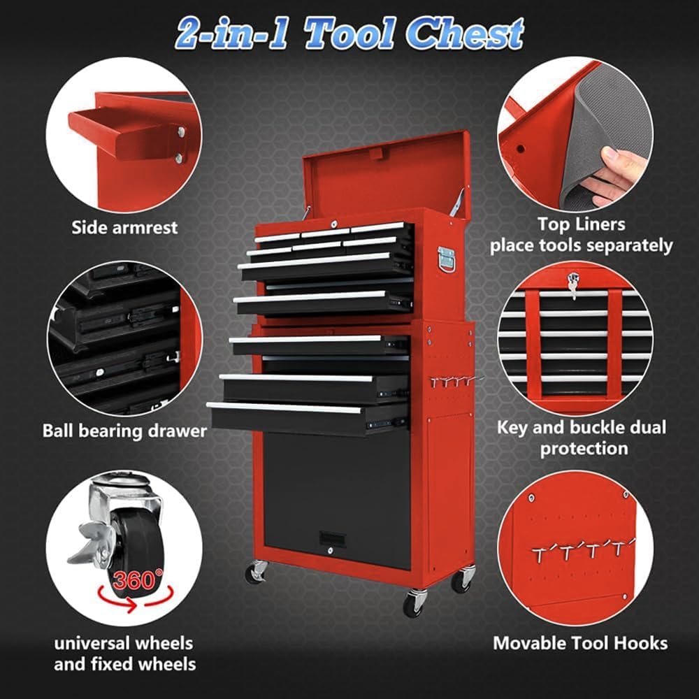 13 Drawer Tool Chest,Tool box with Wheels, Rolling Tool Cabinets with Drawers, Top Detachable Tool Chest with Hooks Handles for Workshop Mechanical Garage - (Black＆Red)