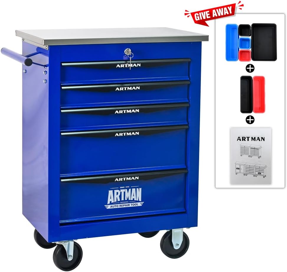 5 Drawers Multifunctional Tool Cart with Wheels,Metal Rolling Tool Cart Storage for Garage Workshop Warehouse Repair Shop-with Stainless Steel Roof- Black&Blue