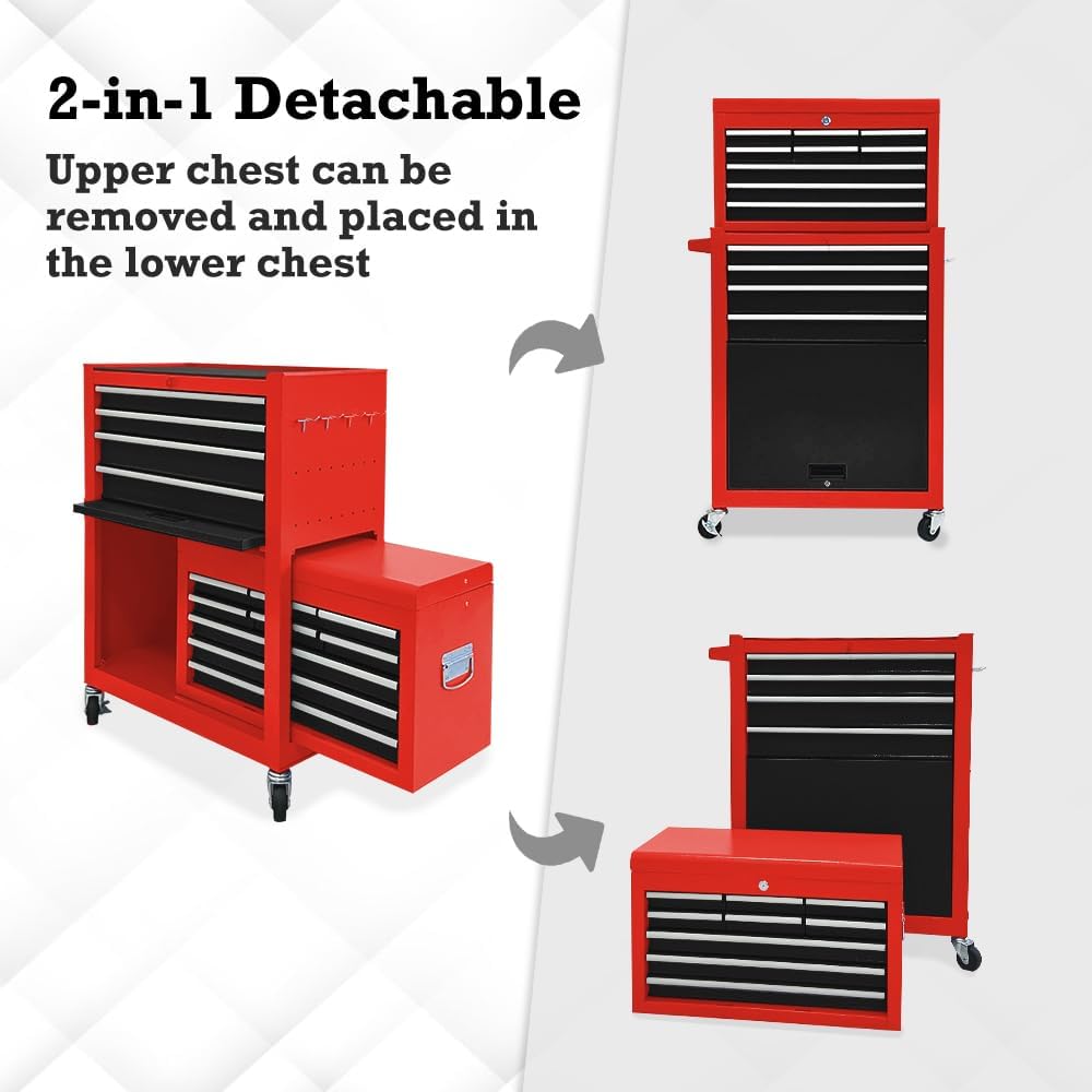 13-Drawer Tool Chest with Wheels, 2 in 1 Detachable Rolling Toolbox with Drawers, Large Tool Box with Lock, Mobile Steel Tool Cabinet Storage for Warehouse, Garage (Red&Black)