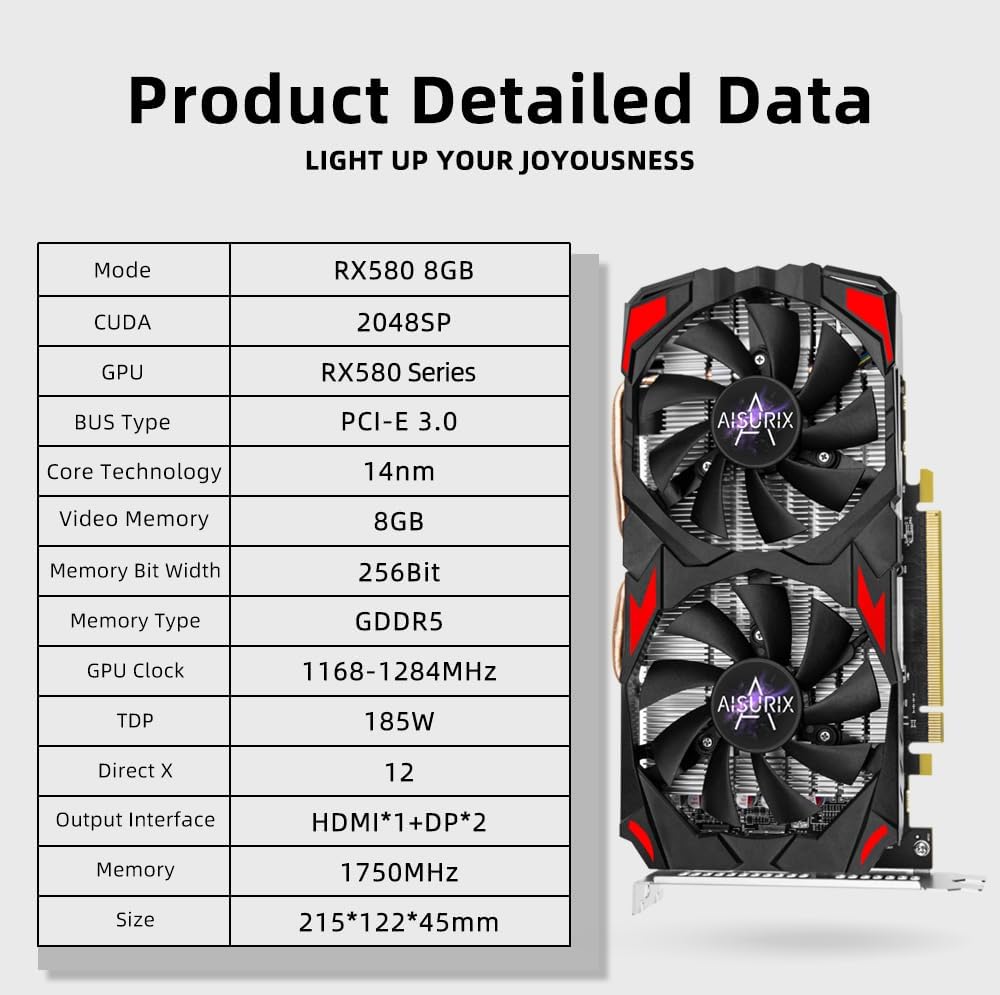 Kelinx AISURIX RX 580 Graphics Card, 2048SP, Real 8GB, GDDR5, 256 Bit, Pc Gaming Video Card, 2XDP, HDMI, PCI Express 3.0 with Freeze Fan Stop for Desktop Computer Gaming Gpu