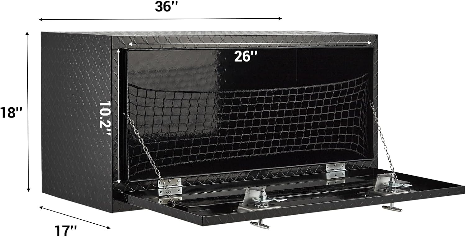 GarveeTech Underbody Truck Box,36 in Pickup Storage Box,Heavy Duty Aluminum Diamond Plate Tool Boxes with Lock and Keys,Waterproof Trailer Storage Box with T-Handle Latch for Truck,Van,Trailer，Black