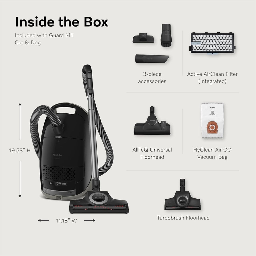 NEW Miele Guard M1 Cat & Dog Bagged Canister Vacuum for Pet Owners with Odor-Reducing Active AirClean Filter, TurboTeQ Floorhead, and AllTeQ Universal Floorhead, in Obsidian Black/Space Grey